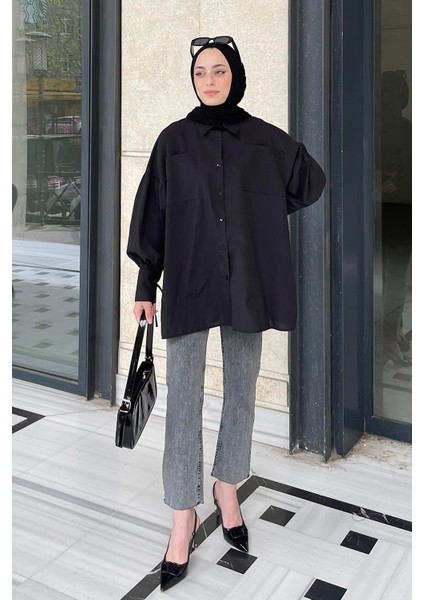 Kol Bağlama Detaylı Oversize Gömlek Siyah