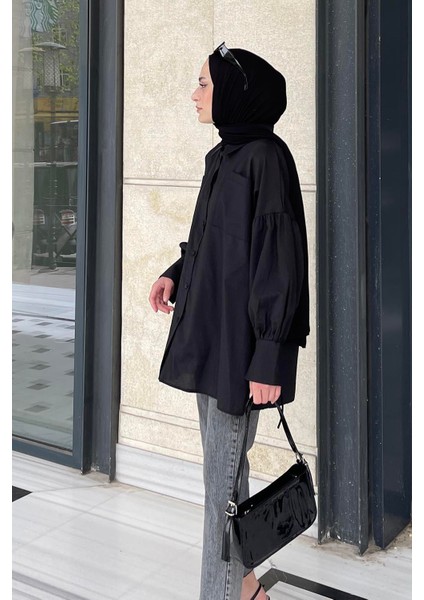 Kol Bağlama Detaylı Oversize Gömlek Siyah modelleri