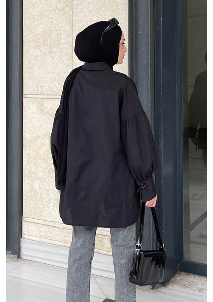Kol Bağlama Detaylı Oversize Gömlek Siyah fırsatları