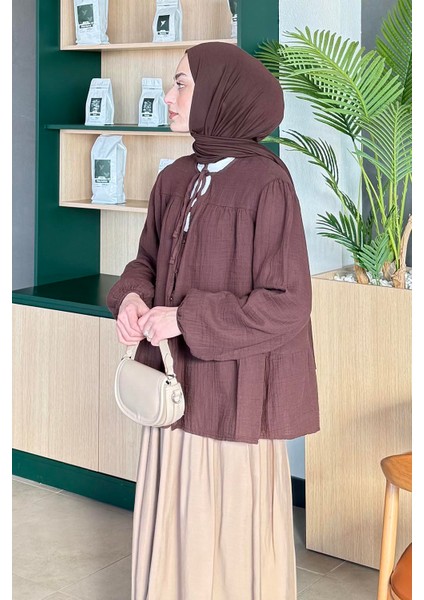 V Yaka Kolları Lastikli Müslim Tesettür Gömlek Kahverengi fiyatları