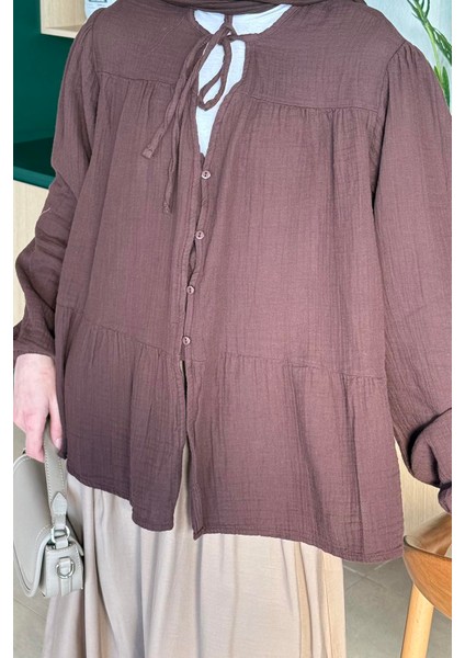 V Yaka Kolları Lastikli Müslim Tesettür Gömlek Kahverengi modelleri