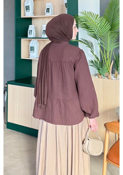 V Yaka Kolları Lastikli Müslim Tesettür Gömlek Kahverengi fırsatları