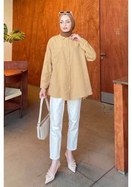 Tek Cep Detaylı Oversize Gömlek Sütlü Kahve