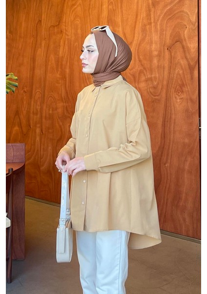 Tek Cep Detaylı Oversize Gömlek Sütlü Kahve modelleri