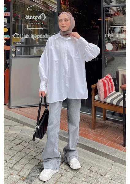 Kol Bağlama Detaylı Oversize Gömlek Beyaz