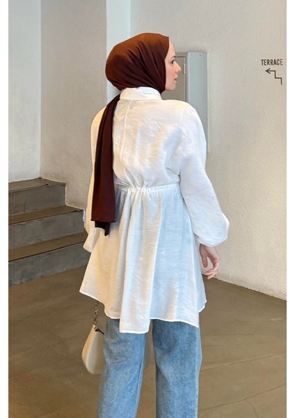 Belden Büzgülü Kolları Lastikli Tesettür Gömlek Beyaz