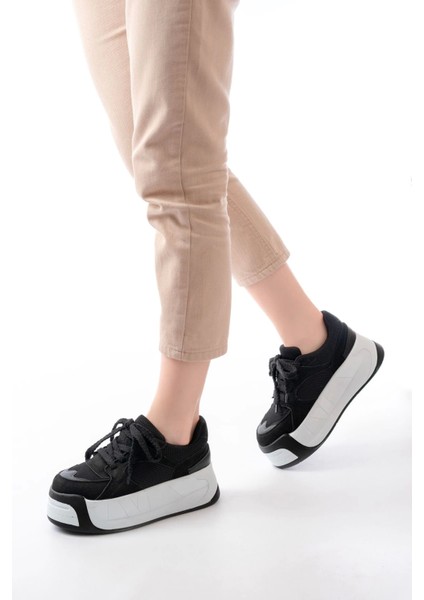 SP-190 Siyah Garni Bağcıklı Fileli Yüksek Taban Günlük Spor Ayakkabı