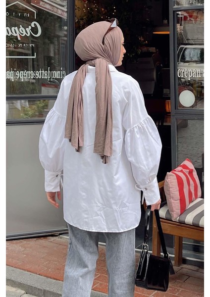 Kol Bağlama Detaylı Oversize Gömlek Beyaz modelleri