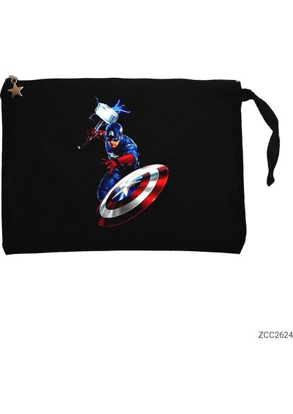 Captain America Mjolnir And Shield Siyah Clutch Astarlı Cüzdan / El Çantası