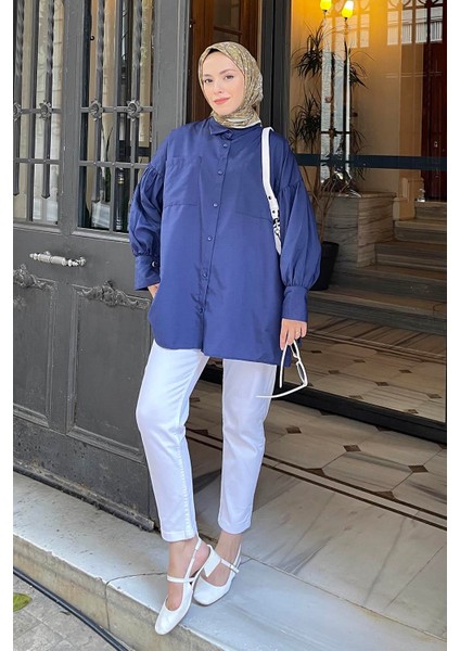 Kol Bağlama Detaylı Oversize Gömlek Lacivert