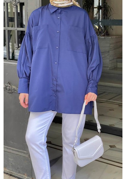 Kol Bağlama Detaylı Oversize Gömlek Lacivert modelleri
