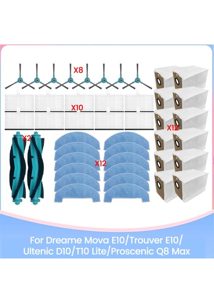 Dreame Mova E10/TROUVER E10 Ultenic D10/T10 Lite Proscenic Q8 Max Yedek Parçalar Fırça Hepa Filtre Paspas Toz Torbası Için 44 Adet (Yurt Dışından)