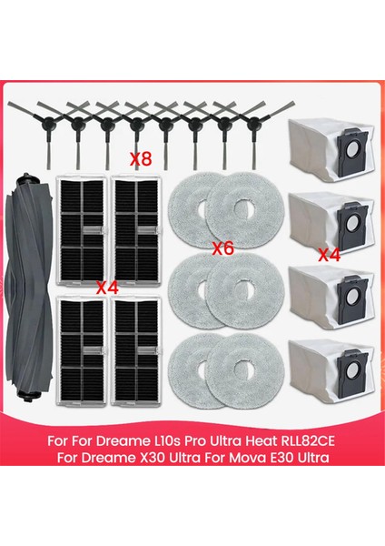 Dreame L10S Pro Ultra Heat RLL82CE, Dreame X30 Ultra, Mova E30 Ultra, Ana Yan Fırça Hepa Filtre Paspas Toz Torbaları (Yurt Dışından)