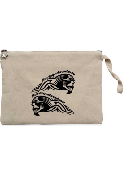 Harley Chopper Skull Text Krem Clutch Astarlı Cüzdan / El Çantası