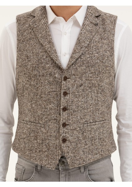 Erkek Bej Slim Fit Yün Karışımlı Dokuma Yelek 50279416-VR011
