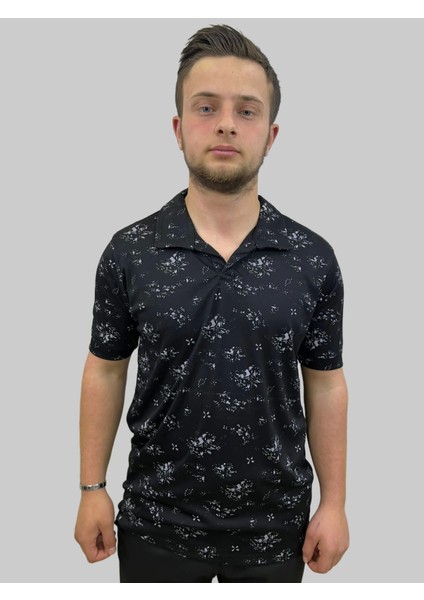 Erkek Gnsn Desenli Oxfort Polo Yaka Siyah Tişört