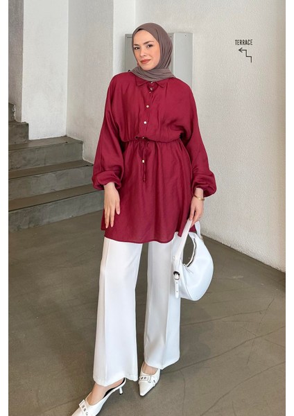 Belden Büzgülü Kolları Lastikli Tesettür Gömlek Bordo