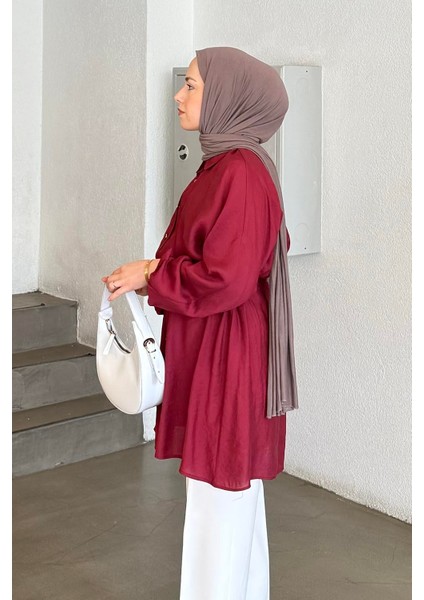 Belden Büzgülü Kolları Lastikli Tesettür Gömlek Bordo
