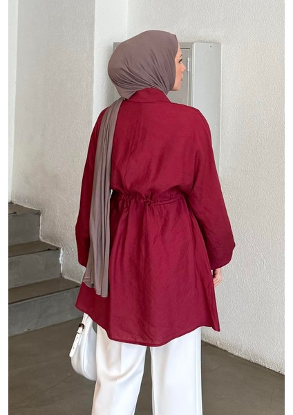Belden Büzgülü Kolları Lastikli Tesettür Gömlek Bordo