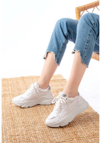 SP-149 Beyaz Gümüş Bağcıklı Fileli Günlük Spor Ayakkabı