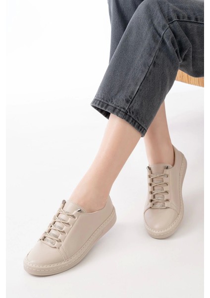 MK-9026 Bej Bağcıklı Taş Aksesuarlı Günlük Spor Ayakkabı fırsatları