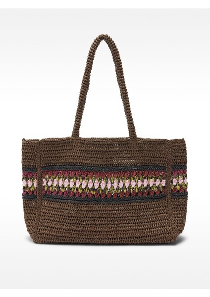 Hasır Görünümlü Örgü Detaylı Shopper Çanta.
