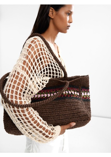 Hasır Görünümlü Örgü Detaylı Shopper Çanta. fiyatları