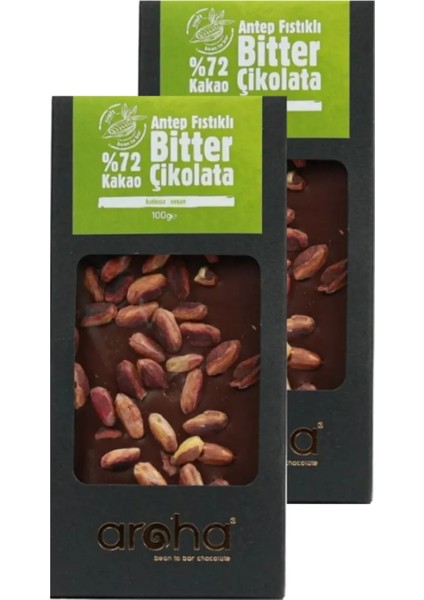 İkili Avantaj Paket. %72 Kakao Antep Fıstıklı Bitter Çikolata 100 g x 2 Adet