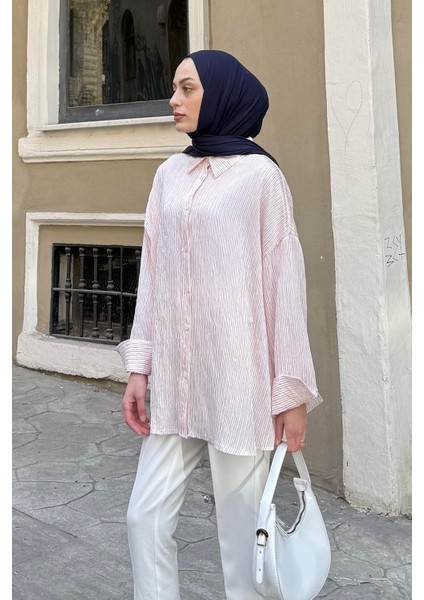 Düğme Detaylı Çizgili Gömlek Nar Çiçeği