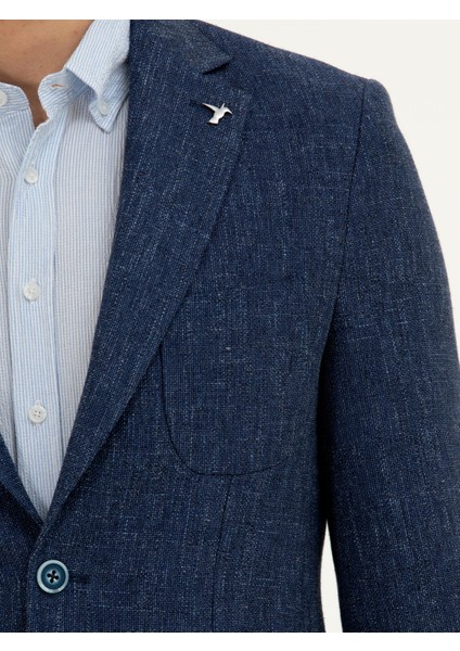 Erkek Lacivert Slim Fit Yün Keten Karışımlı Ceket 50285324-VR033