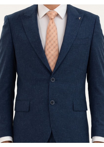 Erkek Lacivert Slim Fit Keten Karışımlı Takım Elbise 50284635-VR033