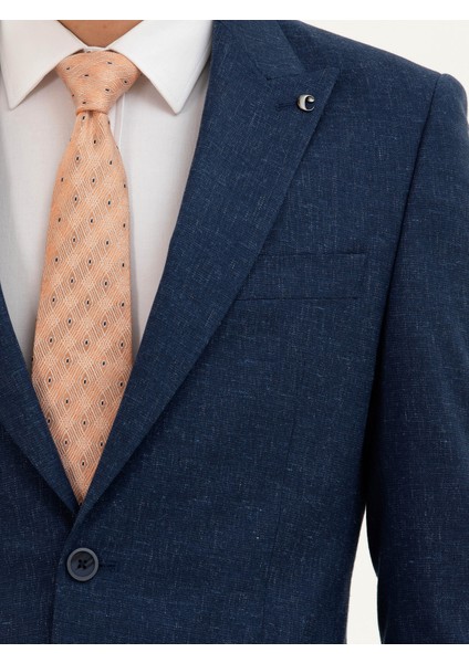 Erkek Lacivert Slim Fit Keten Karışımlı Takım Elbise 50284635-VR033