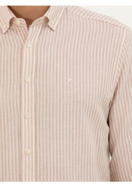 Erkek Pembe Regular Fit Yün Karışımlı Çizgili Gömlek 50272907-VR041