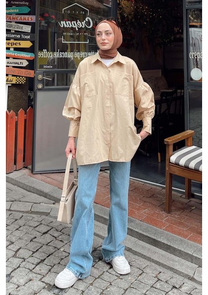 Kol Bağlama Detaylı Oversize Gömlek Bej