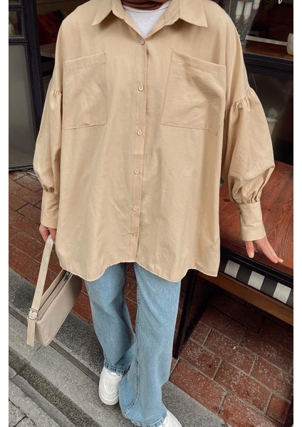 Kol Bağlama Detaylı Oversize Gömlek Bej modelleri