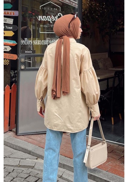 Kol Bağlama Detaylı Oversize Gömlek Bej fırsatları