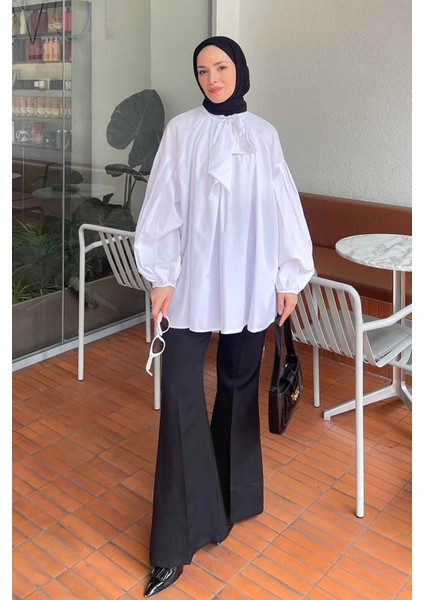 Yaka Fular Detaylı Gömlek Beyaz