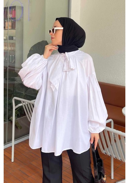 Yaka Fular Detaylı Gömlek Beyaz modelleri