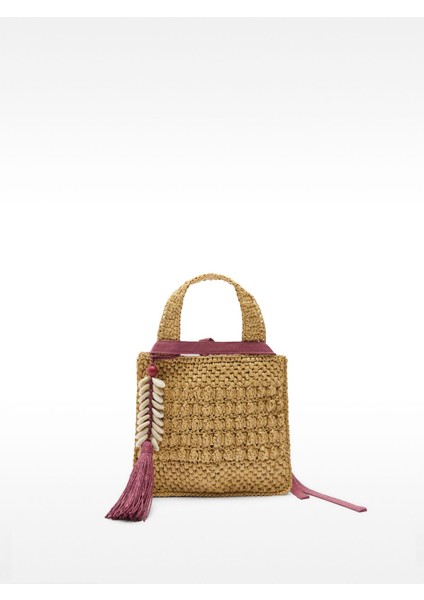 Hasır Efektli Charm'lı Tote Çanta S