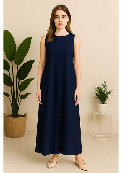 Sıfır Kollu Uzun Sandy Içlik Elbise 3197 Lacivert
