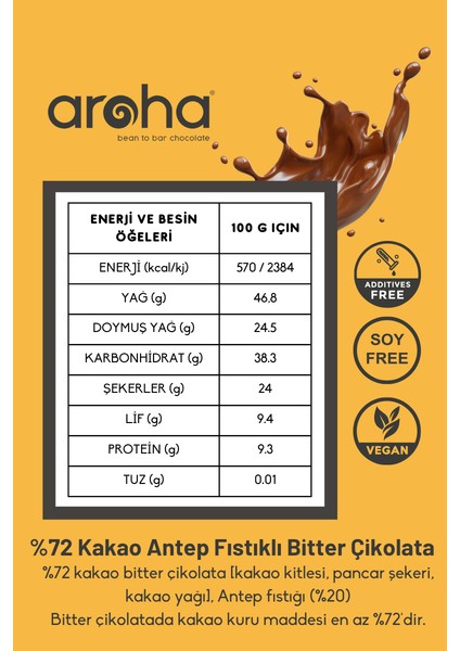 Altılı Avantaj Paket. %72 Kakao Antep Fıstıklı Bitter Çikolata 100 g x 6 Adet indirimleri