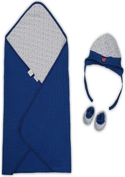 Yenidoğan Baskılı Double Face Şapka ve Patikli 3lü Bebek Battaniye Takımı Lacivert fiyatları