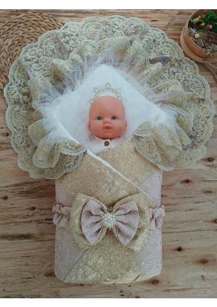 03 Yenidoğan Kabartma Desenli Gold Çift Güpürlü ve Fiyonklu Bebek Battaniyesi Kundak Gold fiyatları