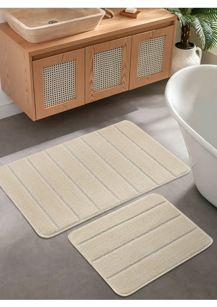 Doğal Kaymaz Taban Banyo Paspas Set Yumuşak Dokulu Su Emici Yıkanabilir Yeni Çizgili Set 50X80-50X40