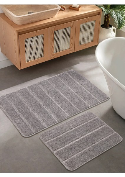 Doğal Kaymaz Taban Banyo Paspas Set Yumuşak Dokulu Su Emici Yıkanabilir Yeni Çizgili Set 50X80-50X40