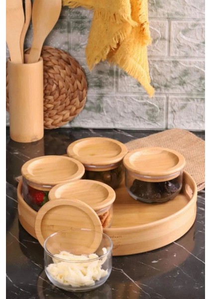 300 ml bambu cam kahvaltılık seti, şık tasarım, 11-15 parça, kahverengi, bambu tepsili