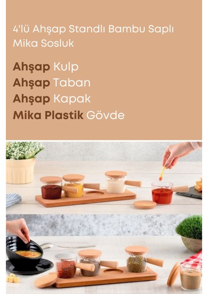 4'lü Ahşap Bambu Saplı Mika Sosluk ve Reçellik, Çerezlik ve Sunumluk Seti modelleri