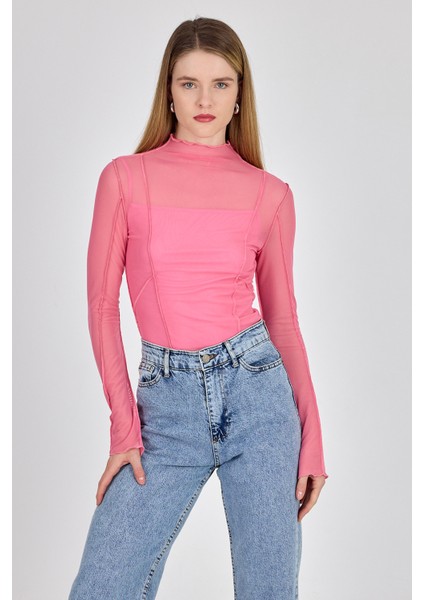 Pembe Dikiş Detaylı Uzun Kollu Tül Bluz 233163
