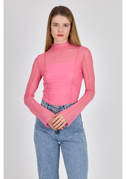 Pembe Dikiş Detaylı Uzun Kollu Tül Bluz 233163