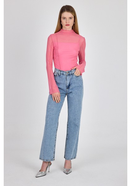 Pembe Dikiş Detaylı Uzun Kollu Tül Bluz 233163